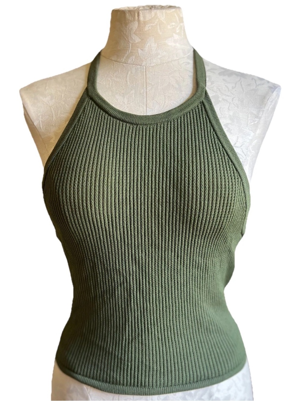 LA Hearts PacSun Olive Green Ribbed Halter Neck Tank Top